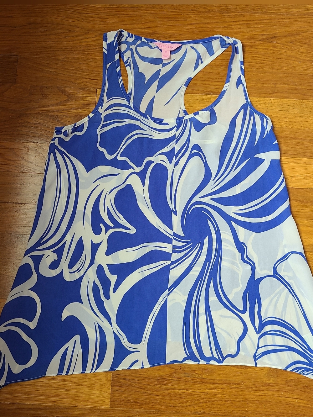 Lilly Pulitzer Blue & White Floral 100% Silk Racerback Tank Sz XS